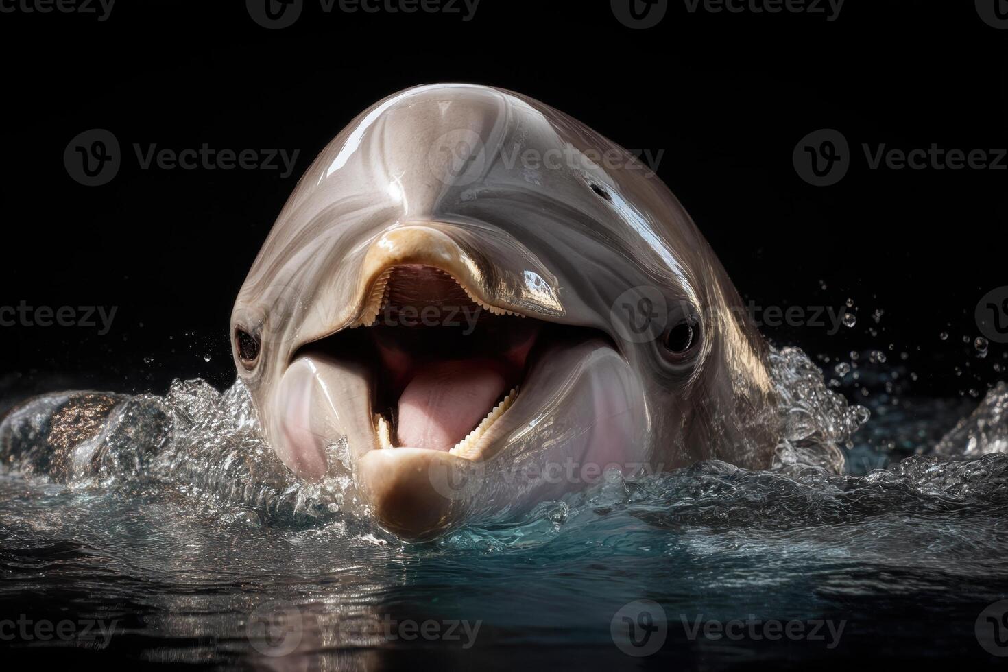 Happy dolphin emerges playfully from water with mouth open, displaying teeth. Splashes surround the expressive animal, capturing its lively and joyful demeanor against a dark backdrop photo