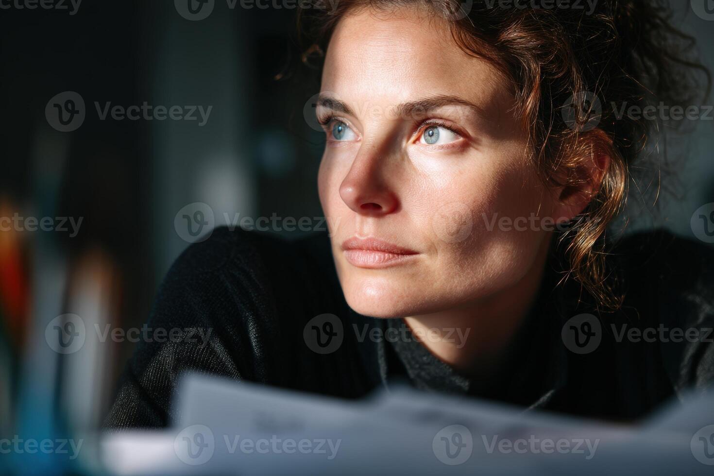 Woman with wavy hair gazes thoughtfully into distance, face illuminated by soft light, wearing dark sweater. Blurred foreground elements frame her contemplative expression photo