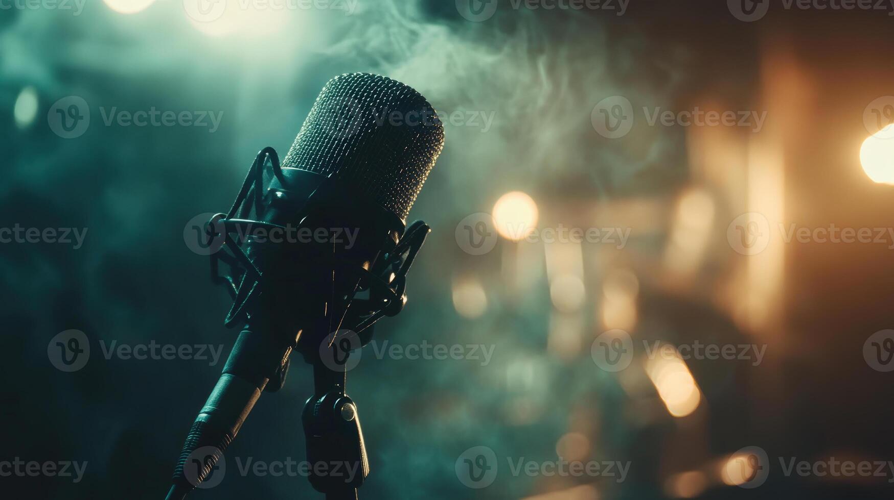 Microphone in focus against a blurred backdrop of moody lights and ambient smoke, creating a dramatic and atmospheric scene. Perfect for music, performance, and audio themes photo