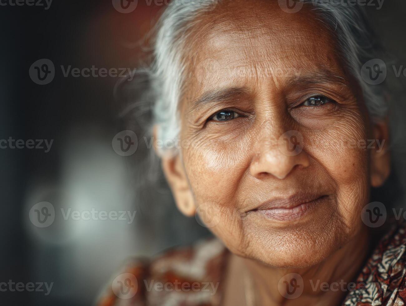 Elderly woman with wise gaze, softly smiling, silver hair, wearing patterned clothing. Her skin has gentle wrinkles, conveying warmth and serenity. Dimly lit atmosphere enhances depth photo