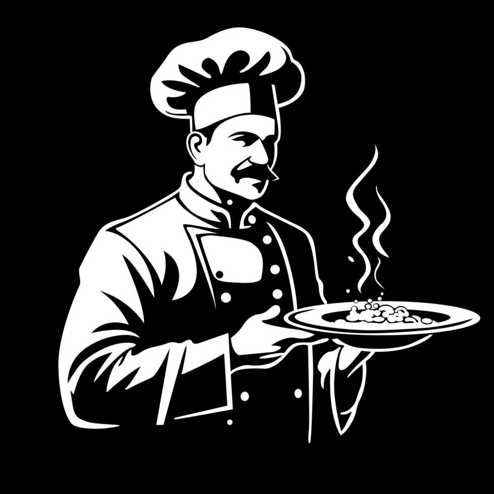A chef in a white uniform presents a plate of food vector