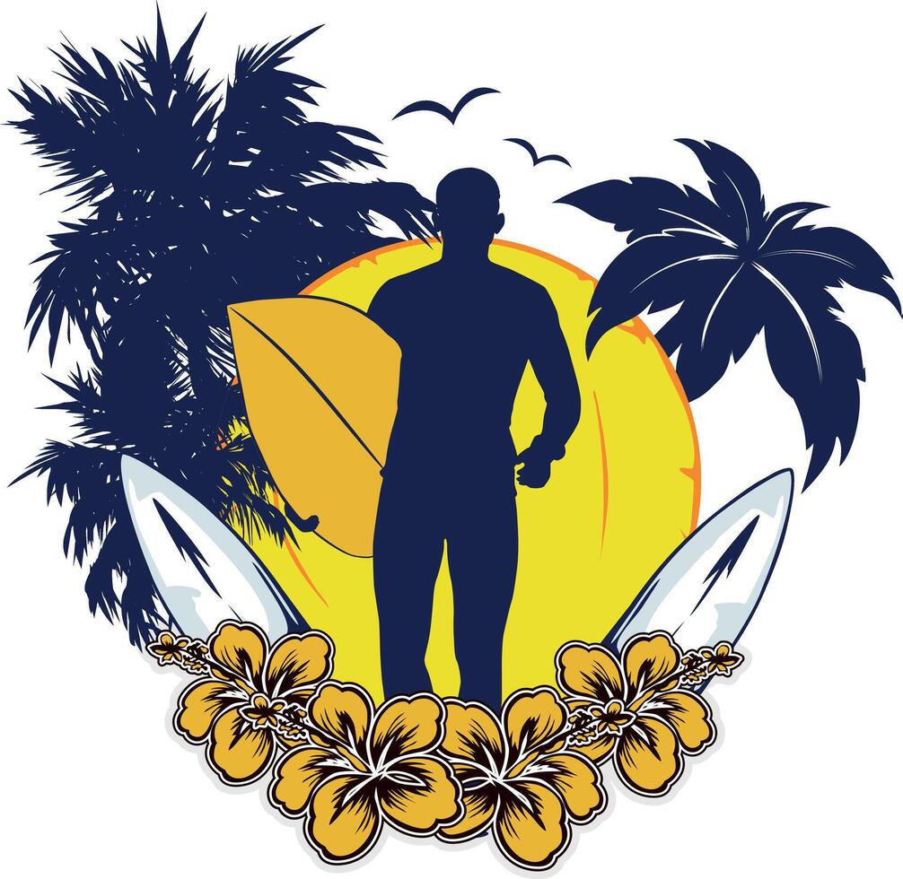 surfer with surfboard sun trees and flowers vector