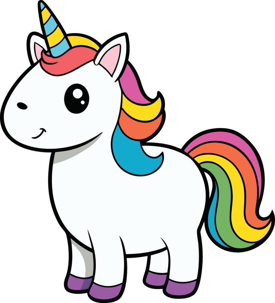 Vibrantly colored unicorn stands, radiating charm and magic, its rainbow mane and horn. vector