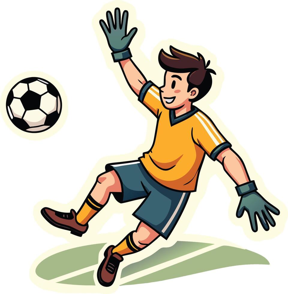 Soccer goalie mid-action, attempting to block the incoming ball vector