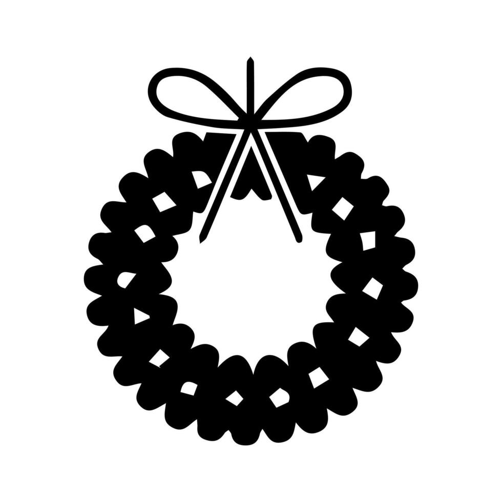A Simple Black and White Illustration of a Festive Holiday Wreath with a Bow vector