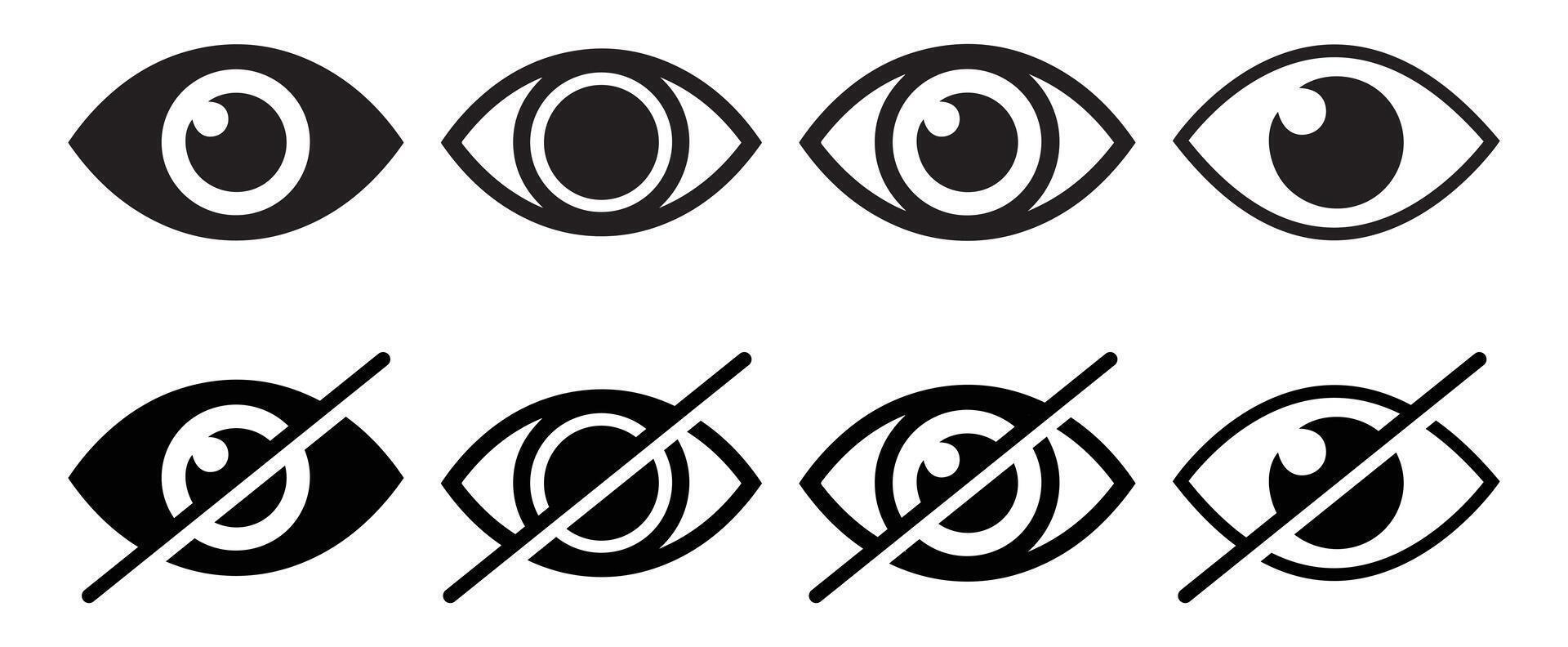 Eye black line icon set no eye logo crossed privacy protection symbol protect eye label prevent peeping badge anti spy high transparent blue light protected invisible and visible eye vector