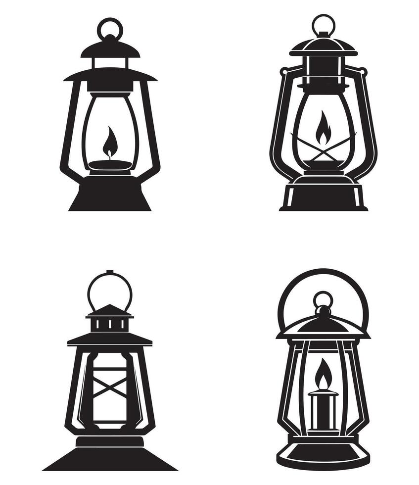 Collection of Four Classic Oil Lamps Designs in Black Silhouette vector