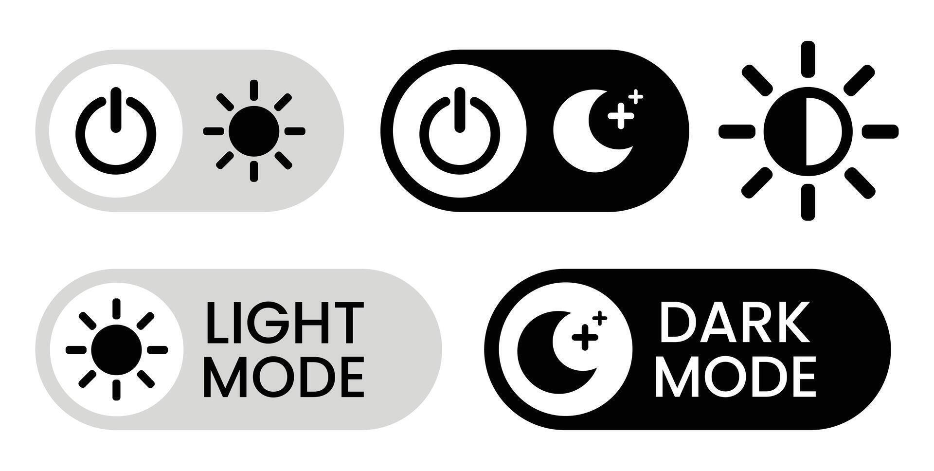Light and Dark Mode Toggle Switch Icons Sun, Moon, Power Button Graphics for User Interface Design vector