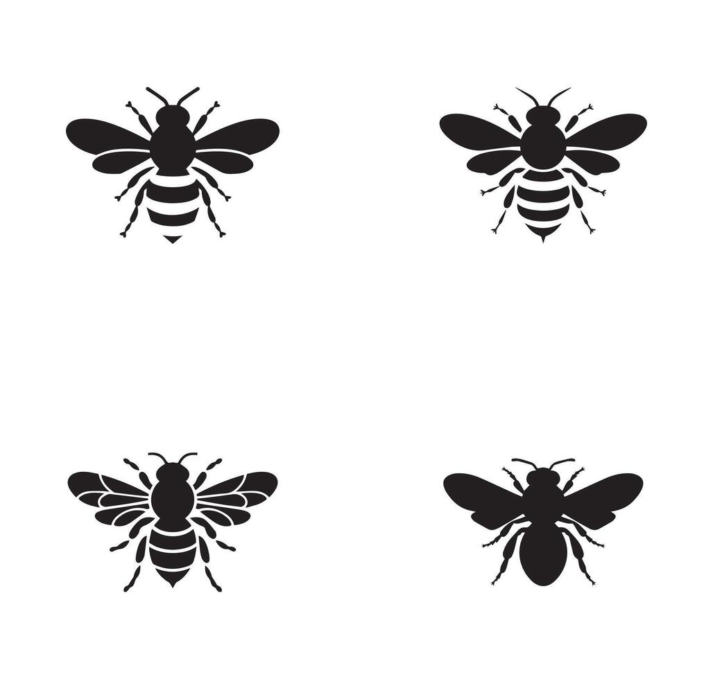 Four Black Silhouettes of Honeybees on White Background vector