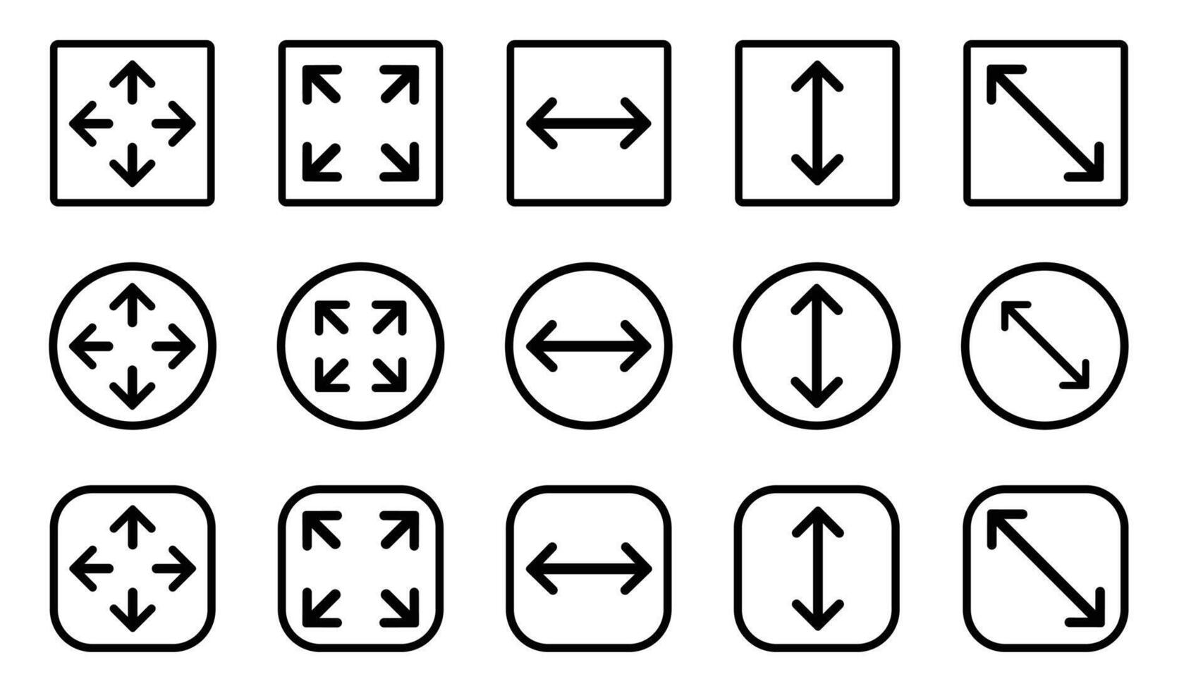 Collection of Arrow Icons Illustrating Resize and Movement Directions in Square and Circular Frames vector