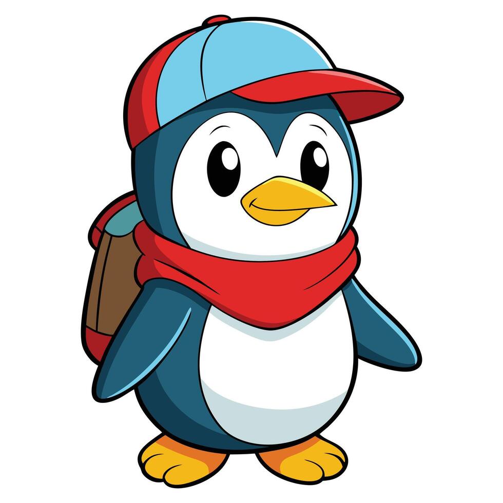 Adorable Cartoon Penguin Wearing a Cap and Backpack Ready for an Adventure vector