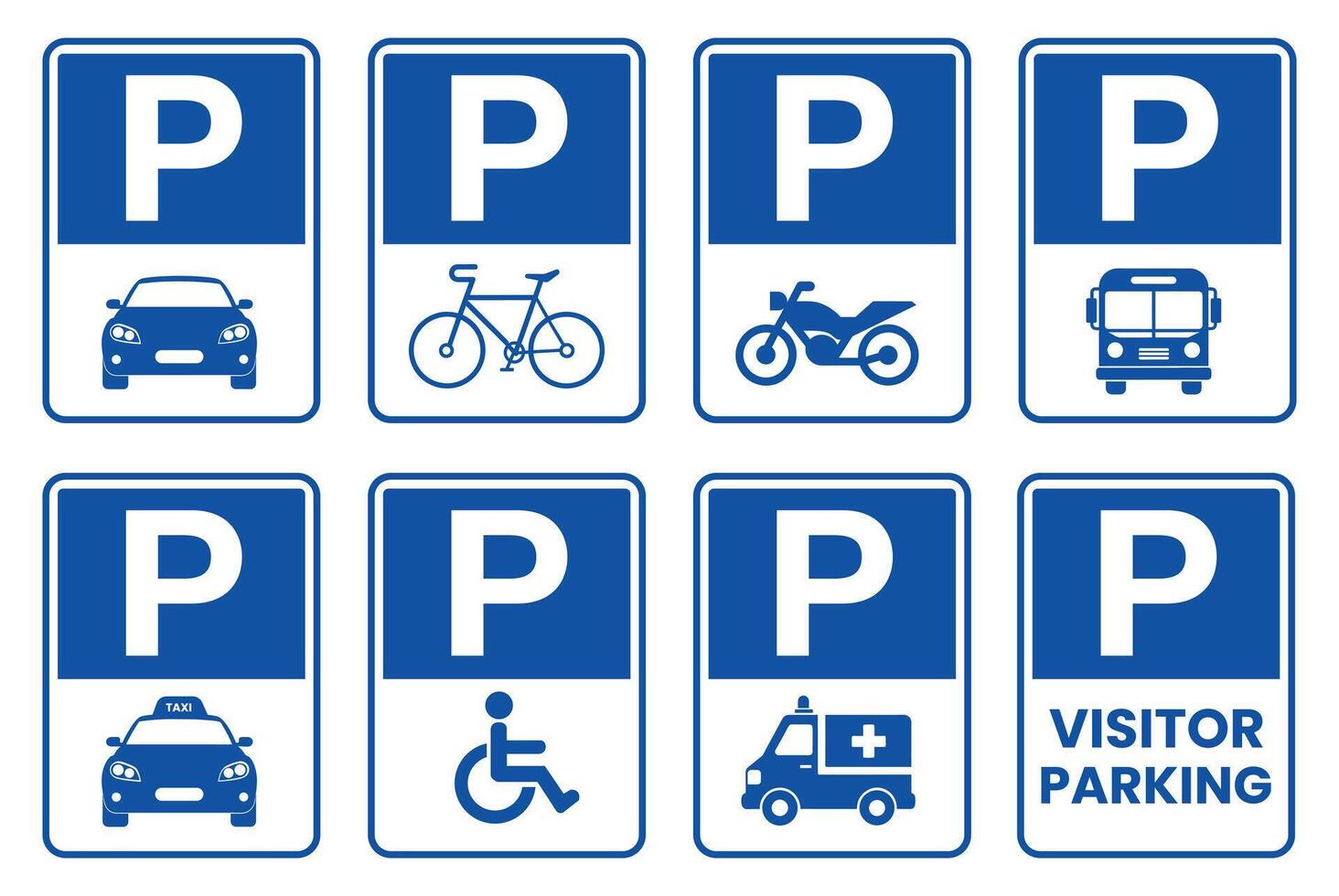 Parking sign set Parking signs for car bicycle motorcycle bus disabled person campervan and visitor parking signboard vector