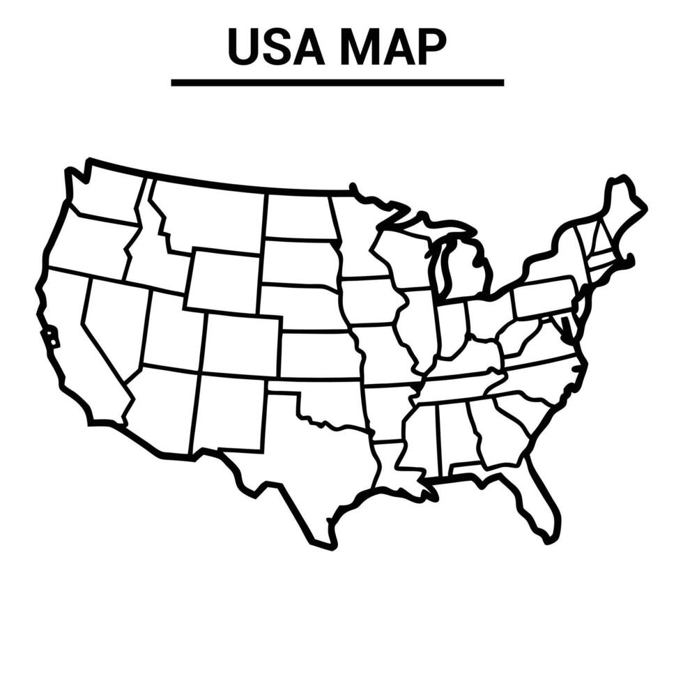 Simple Black and White Outline Map of the United States Showing All Fifty States vector