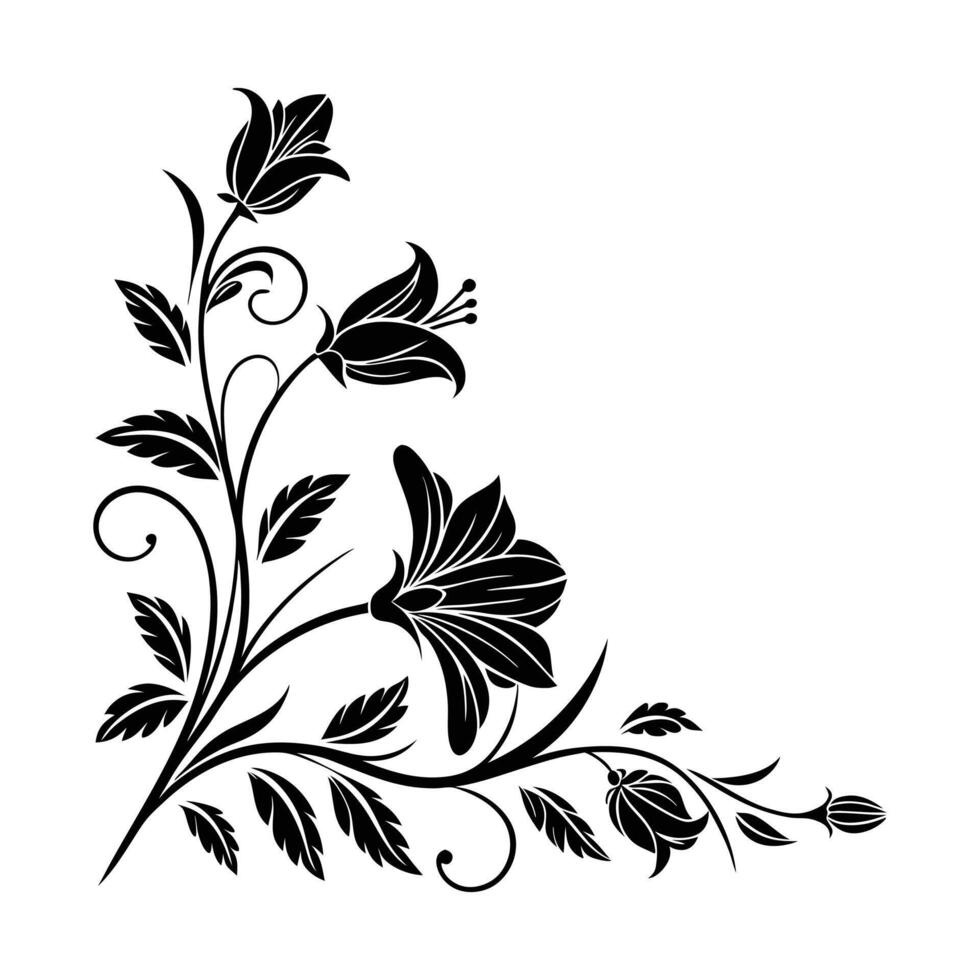 Elegant Black Floral Corner Design with Stylized Flowers and Leaves vector