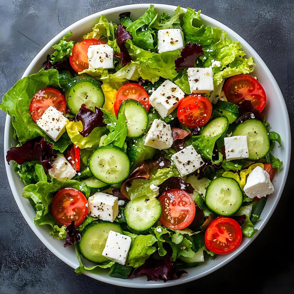 Fresh Greek Salad with Feta Cheese, Cucumbers, and Tomatoes photo