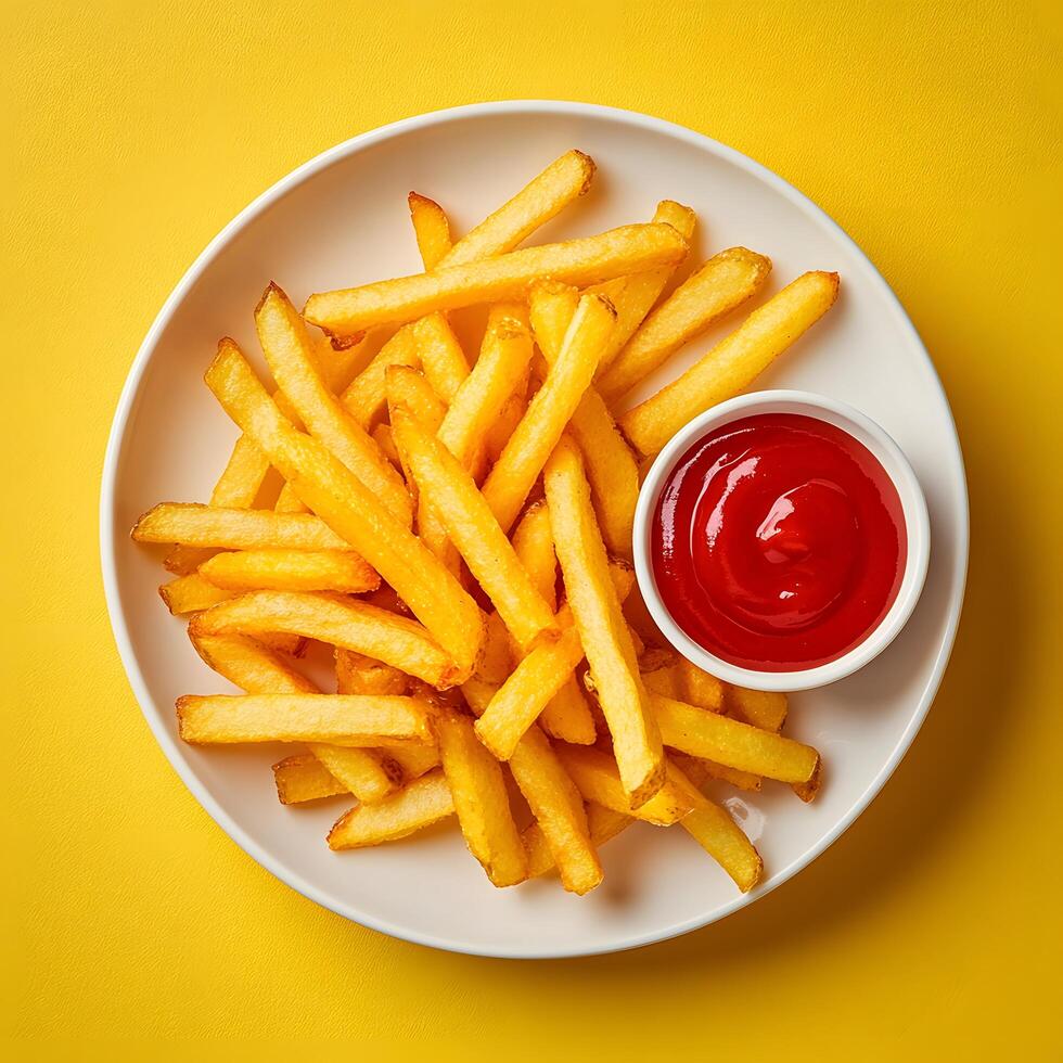 Golden French Fries with Ketchup on Yellow photo