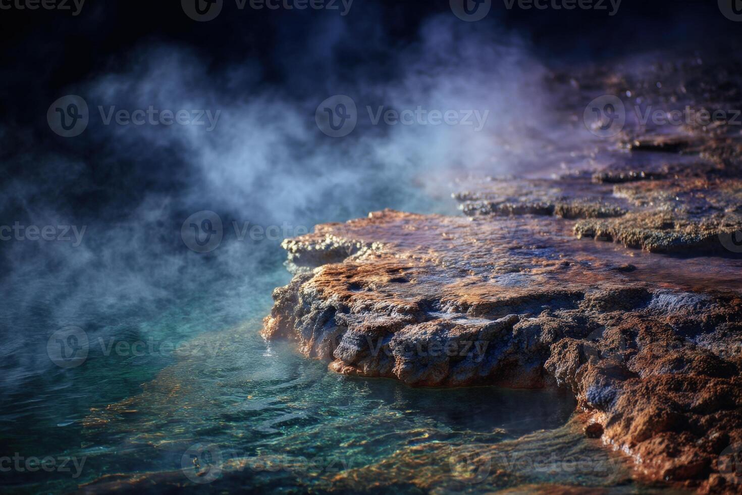 Steaming geothermal pool with mineral-rich, rocky edge. Mist rises above the surface, creating an ethereal atmosphere. Gradient of turquoise water contrasts with earthy crust photo