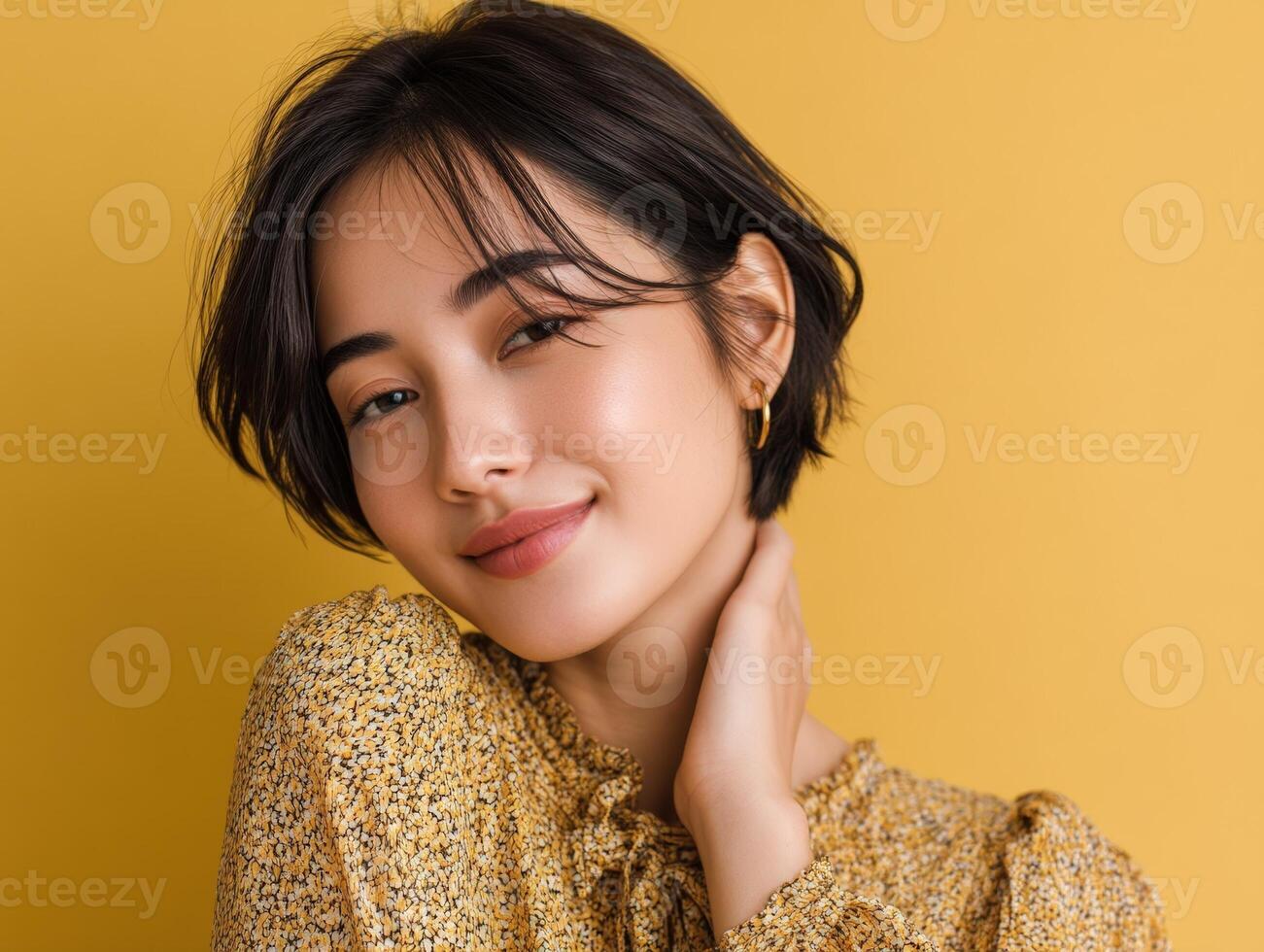 Smiling woman with short dark hair and gold hoop earrings touching neck, wearing a patterned yellow blouse. She stands against a yellow background, capturing a serene and confident vibe photo