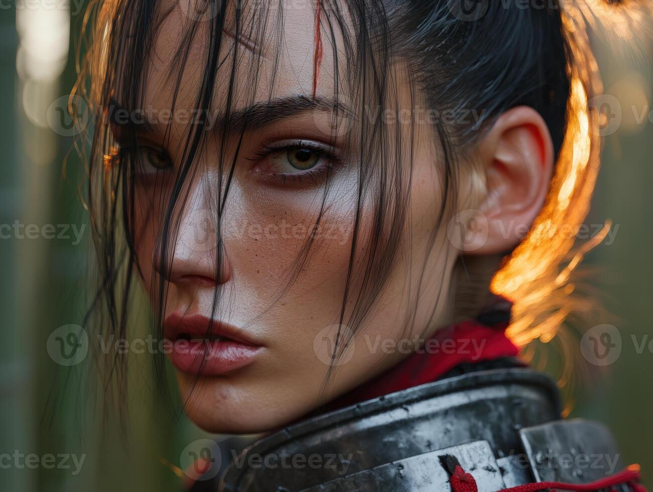 Intense portrait of a young woman with wet hair partially covering her face, captivating eyes, dramatic makeup, and a red outfit with steel elements, set against a blurred background photo