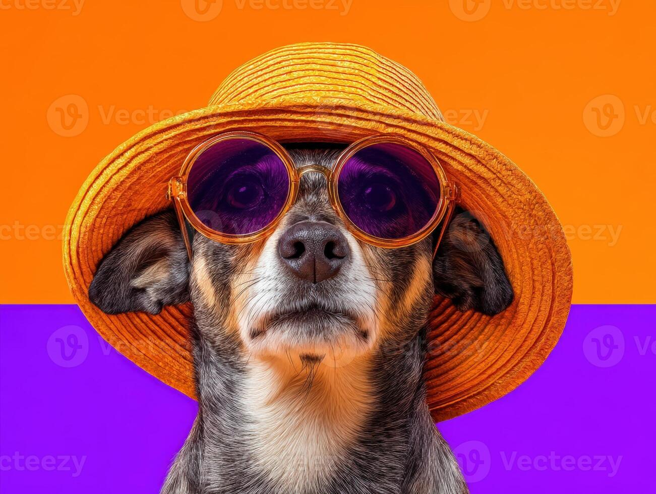 Dog wearing orange sunhat and sunglasses, gazing forward with a focused expression. Background split horizontally into bright orange and purple sections. No text present photo