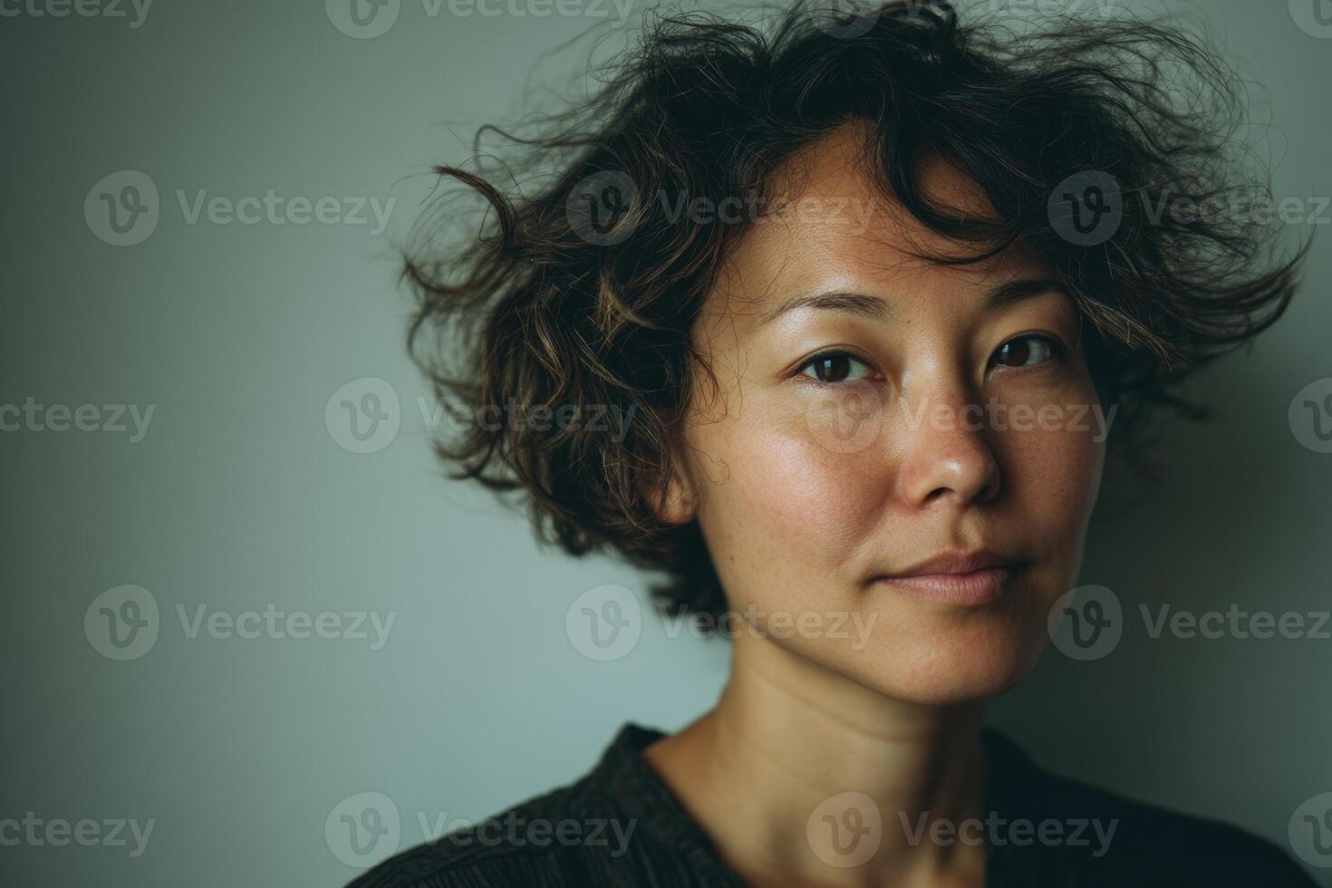 Curly-haired person with a calm expression gazes at the camera. The individual has short, wavy hair with loose curls and is wearing a dark top. Light falls softly on the face, creating a serene mood photo