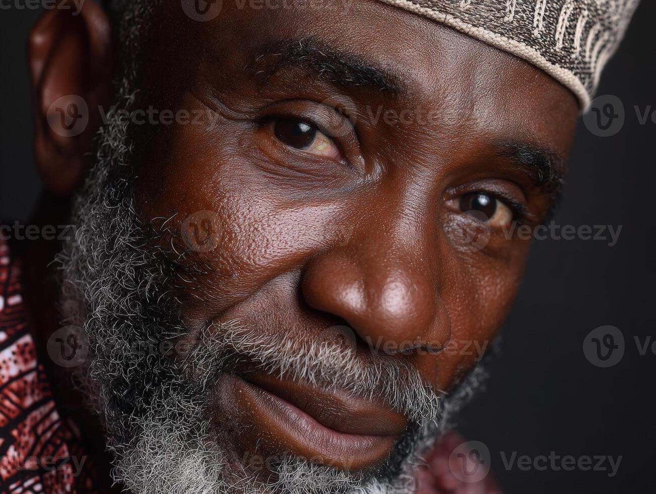 Elderly man with a textured cap and expressive eyes gazes thoughtfully. His face shows deep character lines, white beard contrasting against his dark skin, wearing a red patterned garment photo