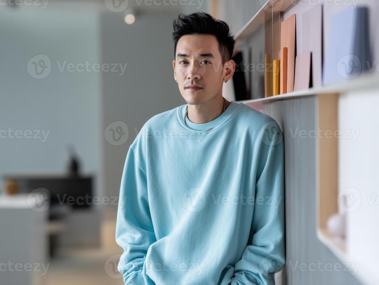 Young man in light blue sweatshirt leans against wall with colorful books on shelves. Modern interior, neutral tones, soft lighting, casual attire, thoughtful expression, short black hair photo