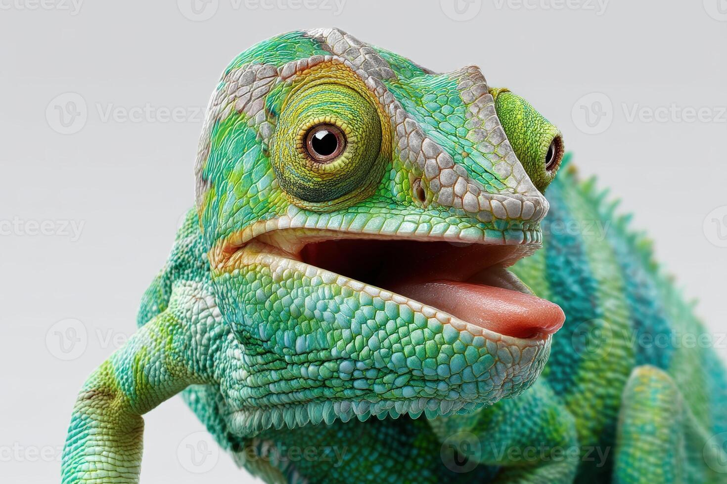 Colorful chameleon with vivid scales and striking eyes sticks out its tongue. Intricate details of skin texture highlight the animal's unique features, creating an engaging visual photo