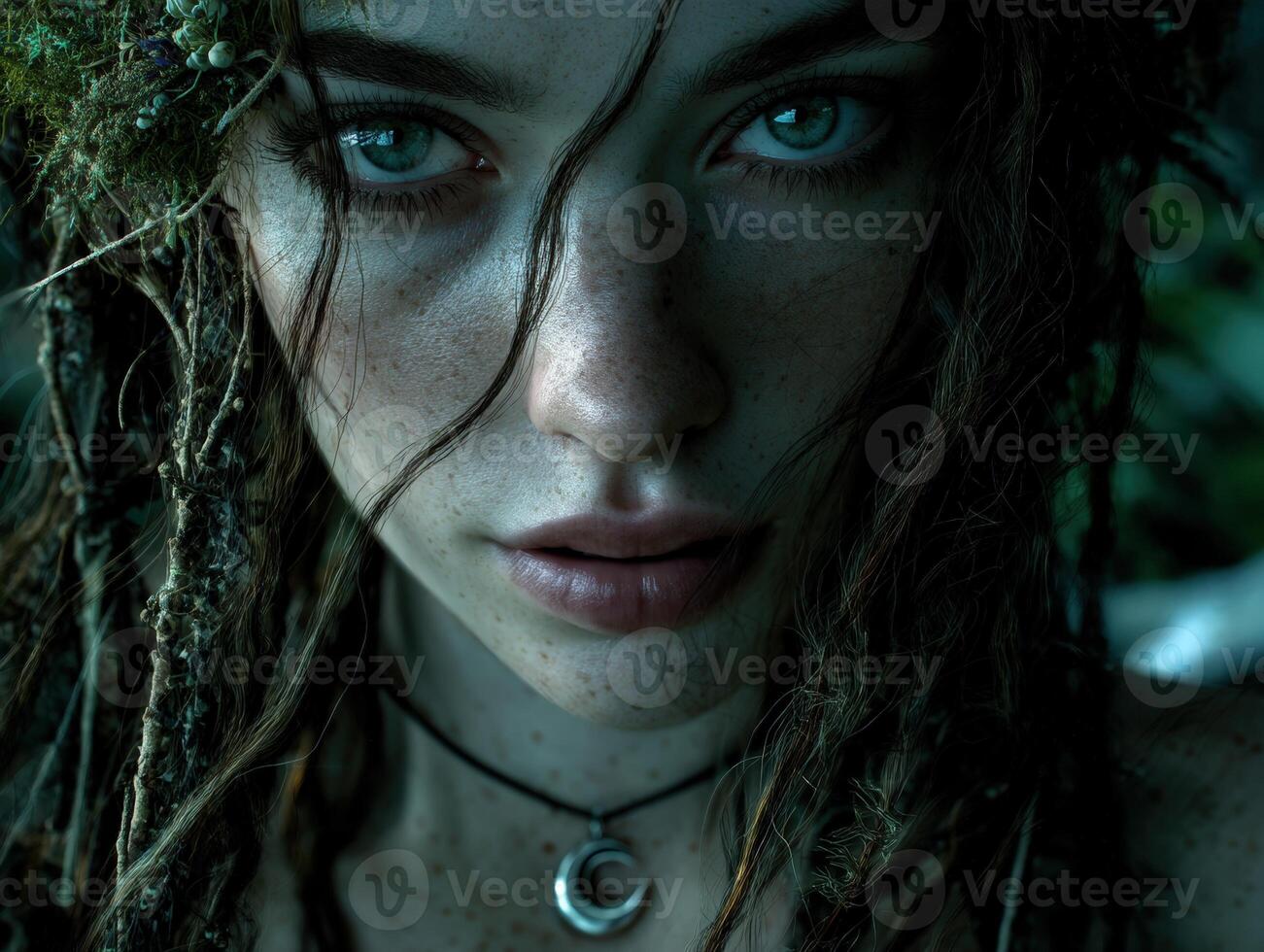 Mystical woman with vivid eyes, freckled face, and dreadlocks adorned with moss. Wears crescent necklace, exudes ethereal, enchanting aura. Shadows accentuate striking features photo