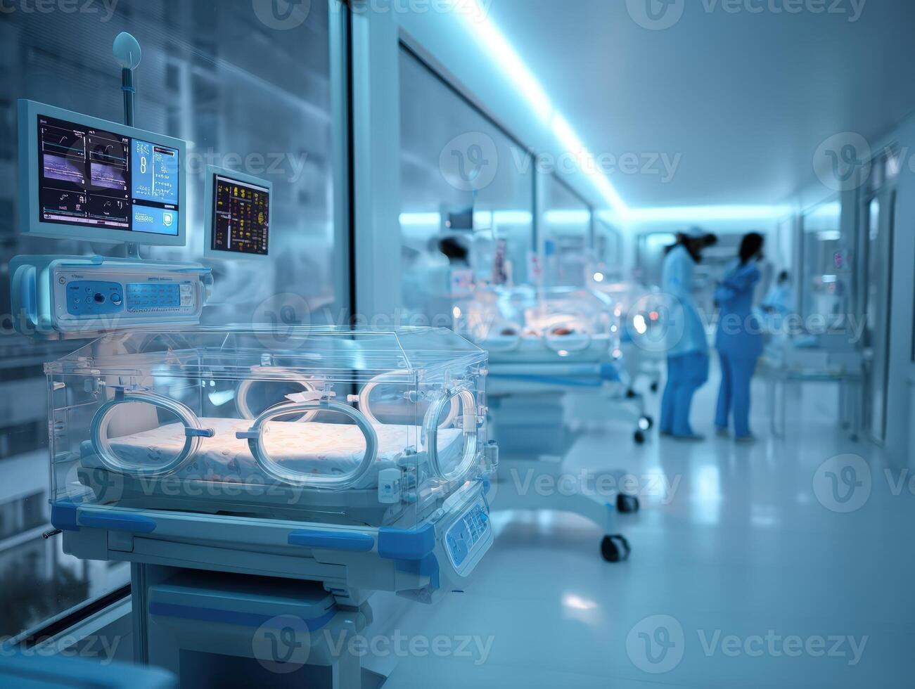 Neonatal room with incubators and medical personnel, ambient blue lighting, focus on transparent incubator, advanced monitoring screens display vital data, clean and modern atmosphere photo