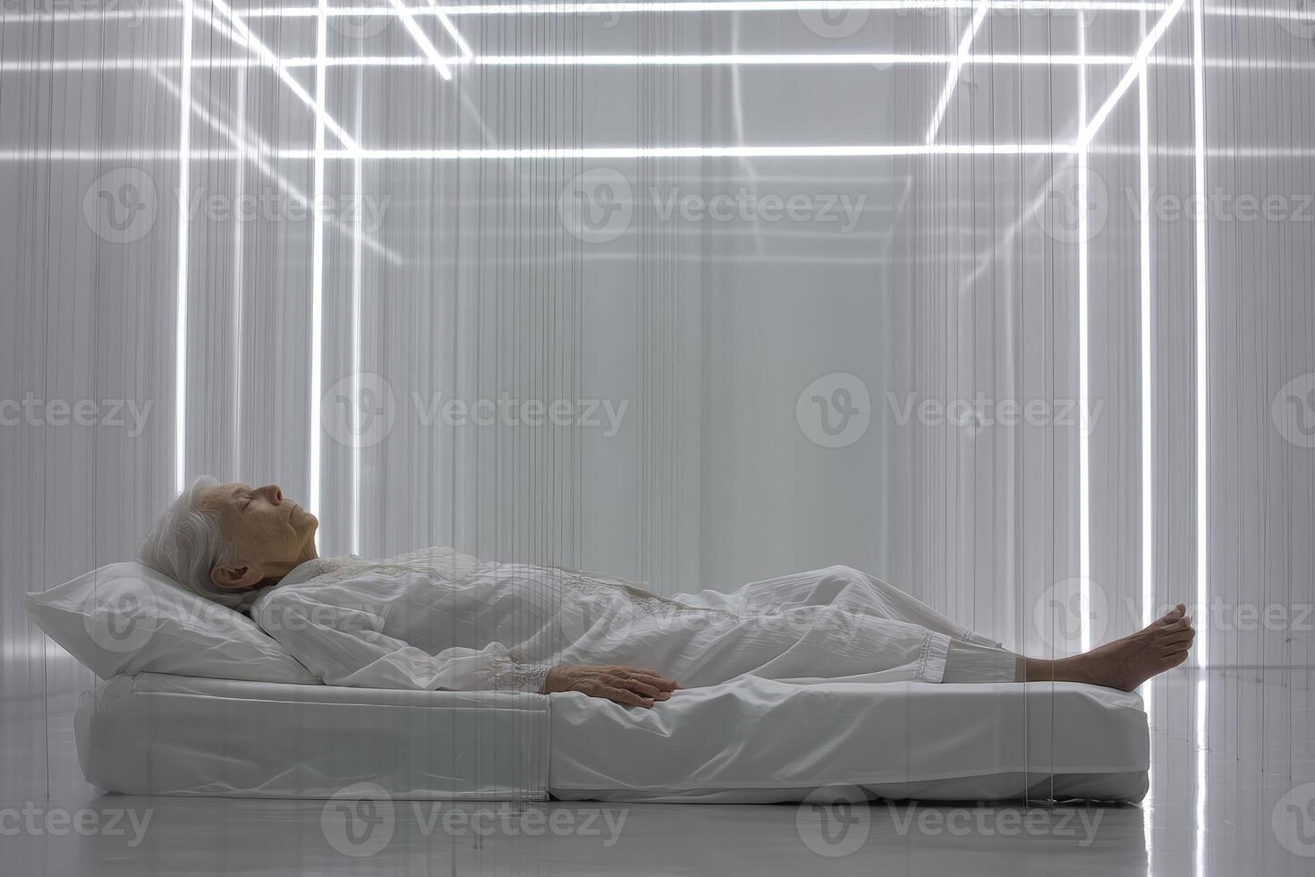 Elderly woman lies on a white mattress in a minimalistic, futuristic room with glowing line structures. She wears white pajamas and rests with closed eyes, creating a tranquil atmosphere photo