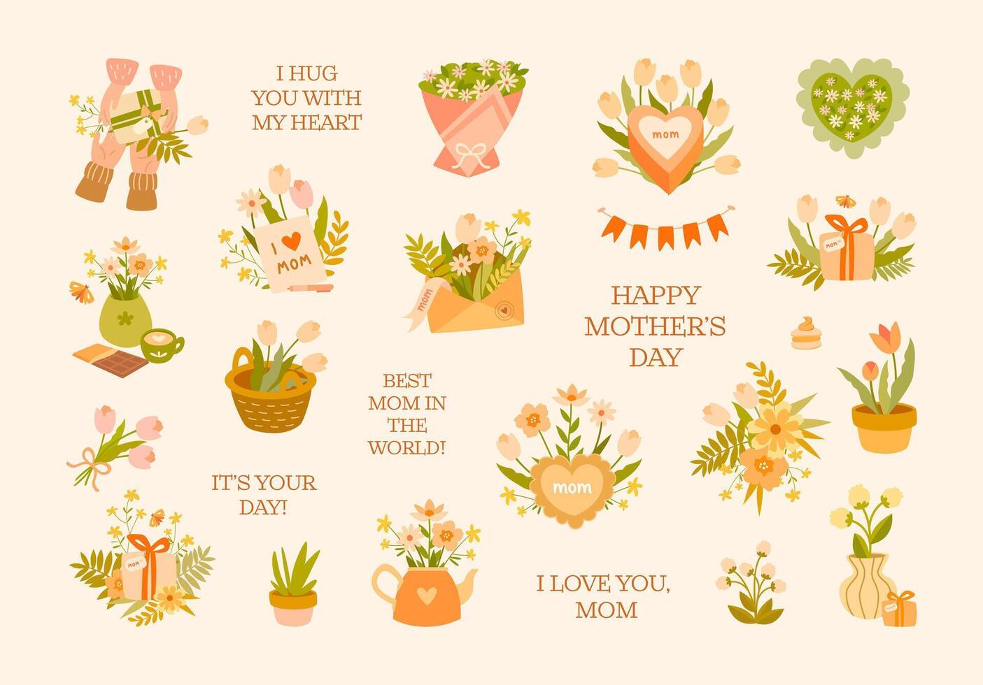 A set of spring floral elements and compositions in warm pastel colors for Mother's Day or spring holidays. Bouquet of flowers, gifts, signatures. Perfect for cards, flyers, invitations vector