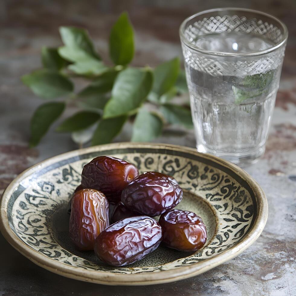 Sweet Medjool Dates with Glass of Water and Greenery photo