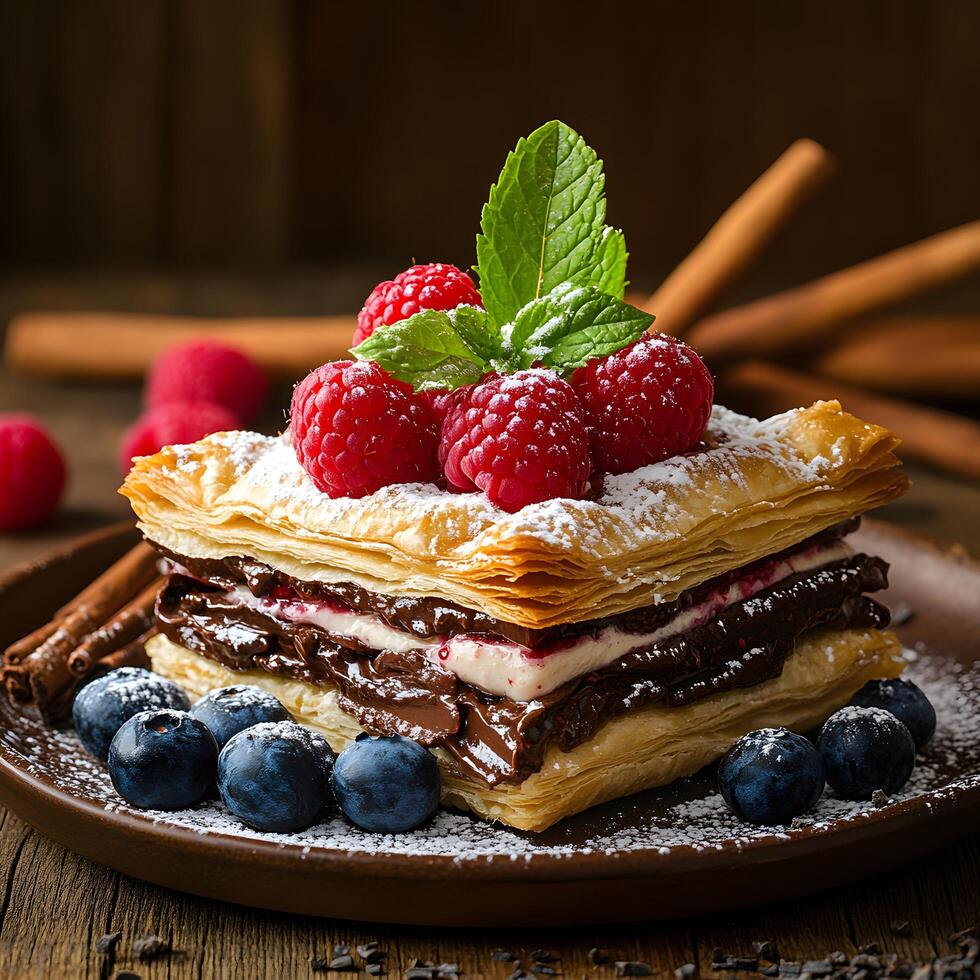 Delicious Chocolate Raspberry Puff Pastry Dessert with Blueberries photo