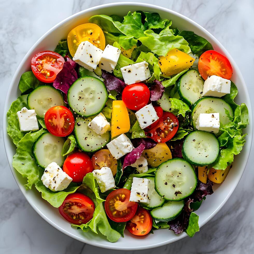 Fresh Greek Salad with Feta Cheese and Mixed Vegetables photo