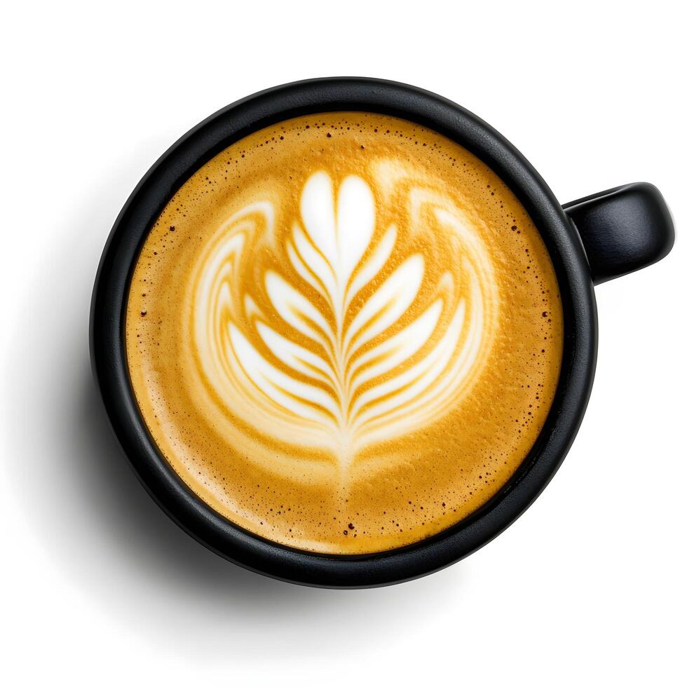 Top View of Latte Art in Black Coffee Cup photo