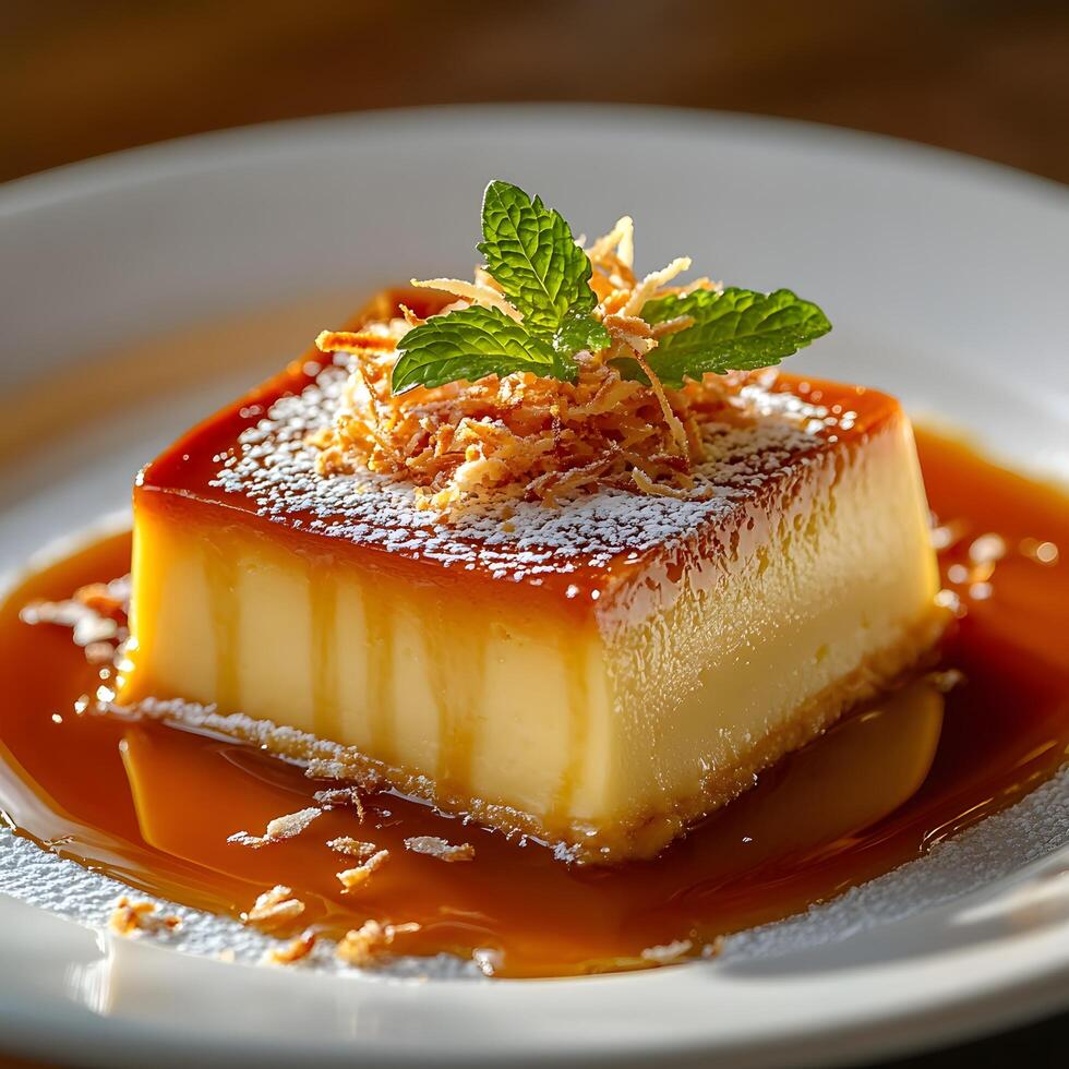 Delicious Caramel Flan Dessert with Coconut and Mint photo