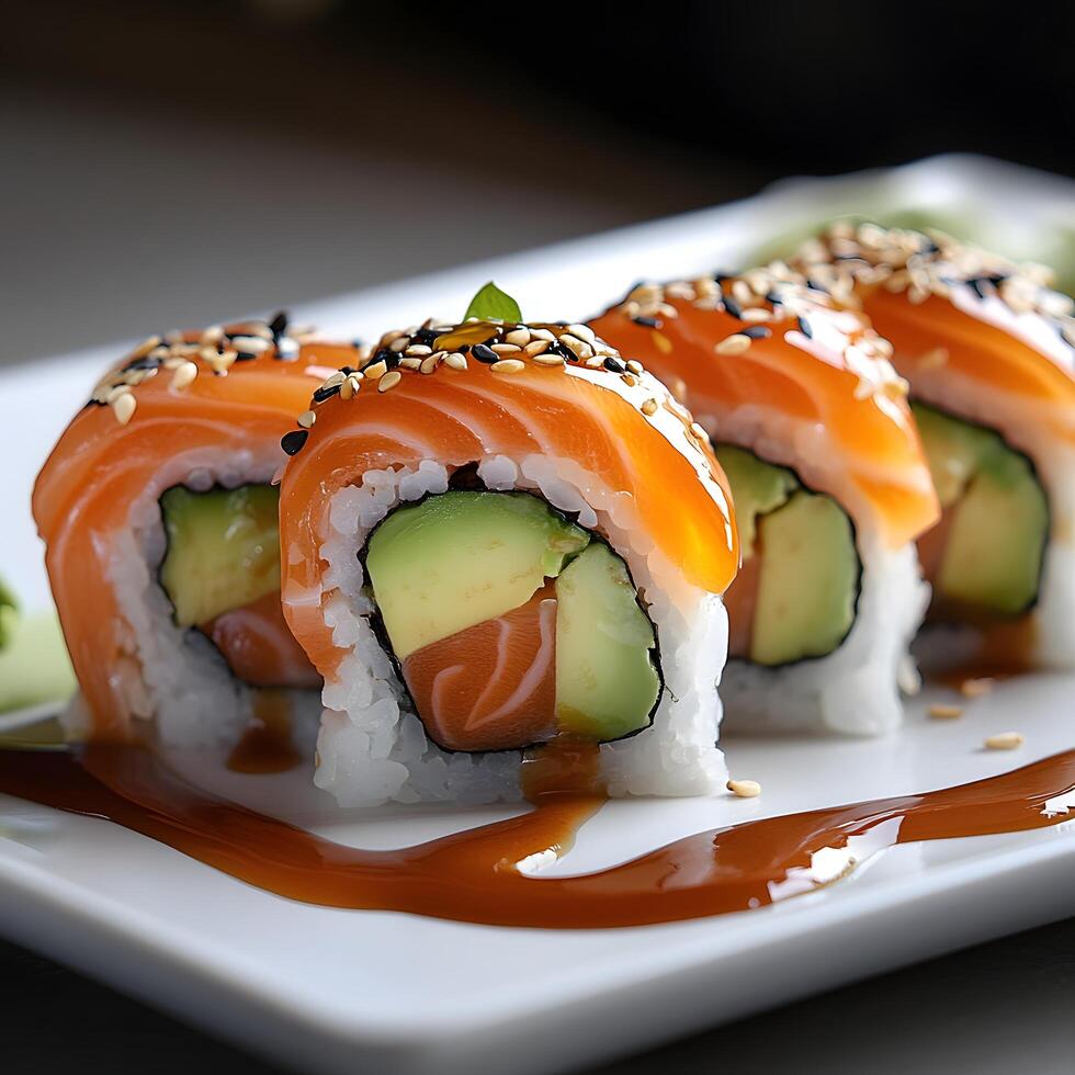 Delicious Salmon Avocado Sushi Rolls with Sesame Seeds and Soy Sauce photo