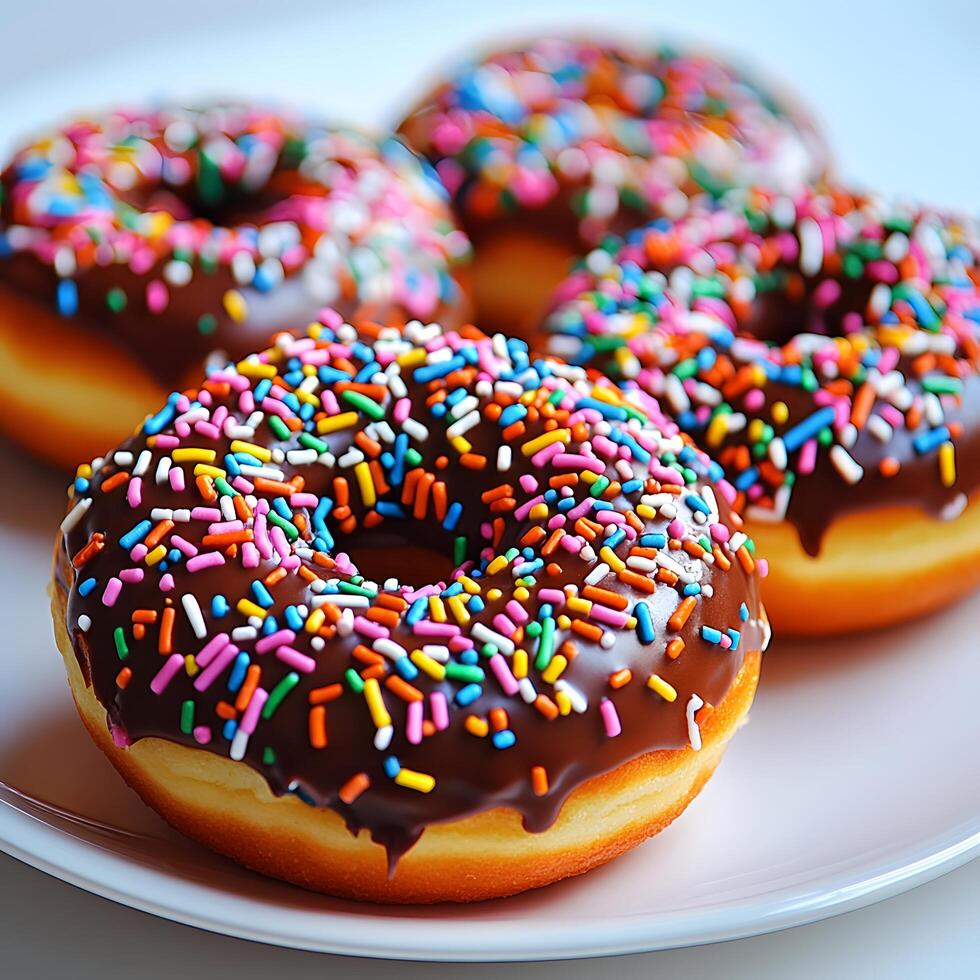 Three Delicious Chocolate Donuts with Rainbow Sprinkles photo