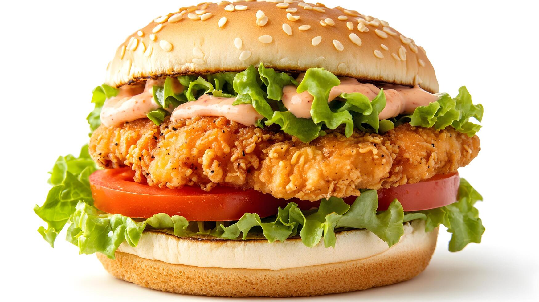 Delicious Crispy Chicken Burger with Sesame Bun and Sauce photo