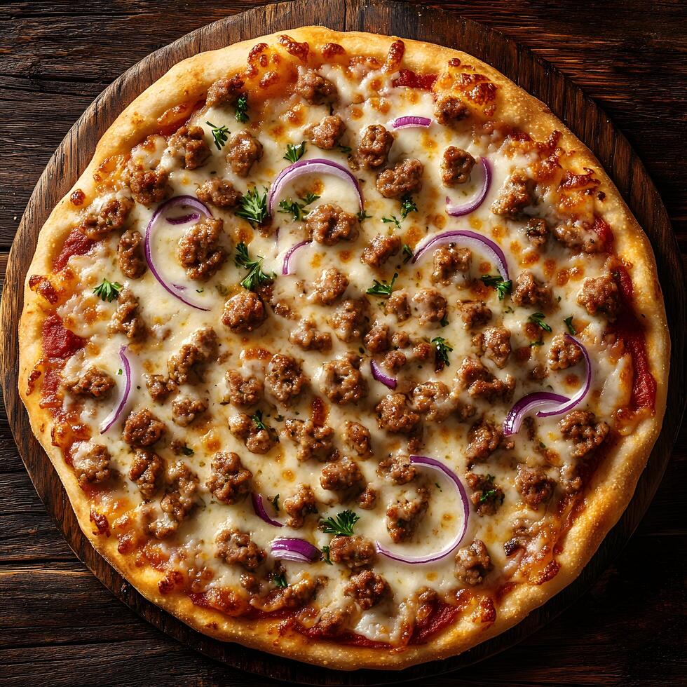 Delicious Homemade Sausage and Red Onion Pizza photo