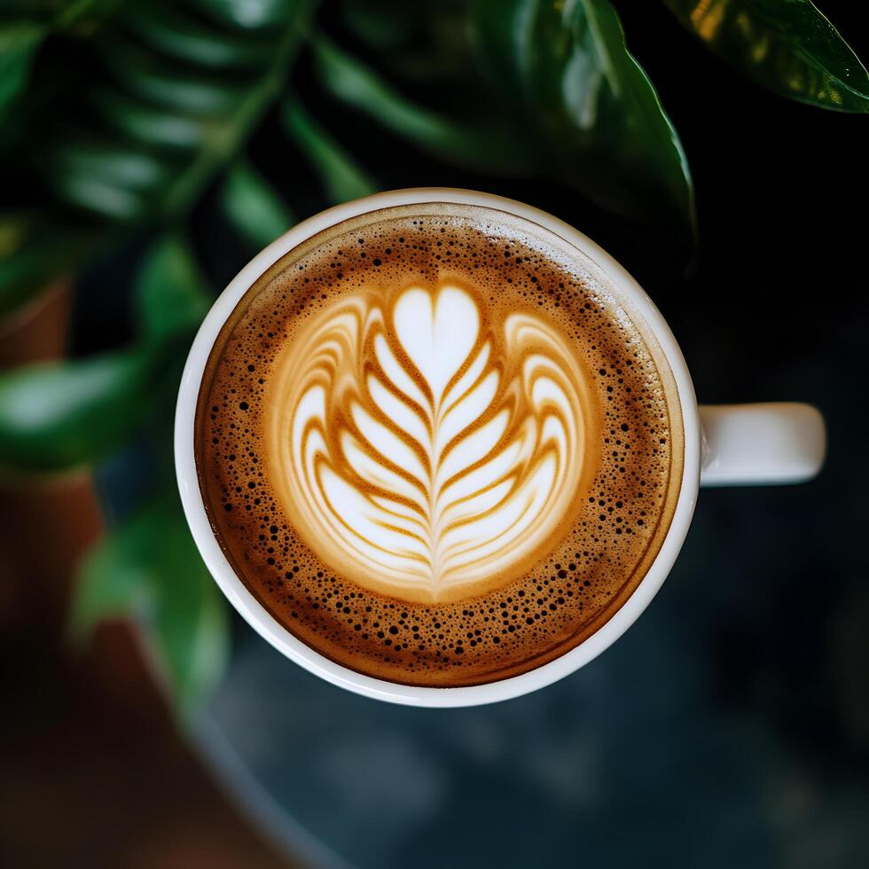 Overhead View of Latte Art in a White Cup with Green Leaves photo