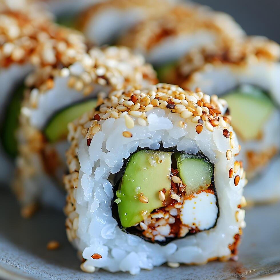 Closeup of Delicious Sesame-Crusted Avocado Sushi Rolls photo