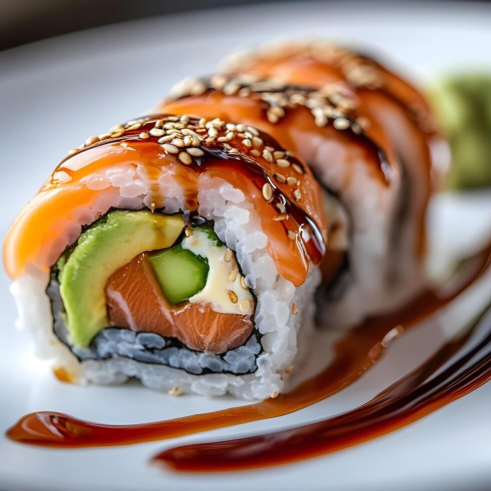Delicious Salmon Sushi Rolls with Avocado and Sesame Seeds photo