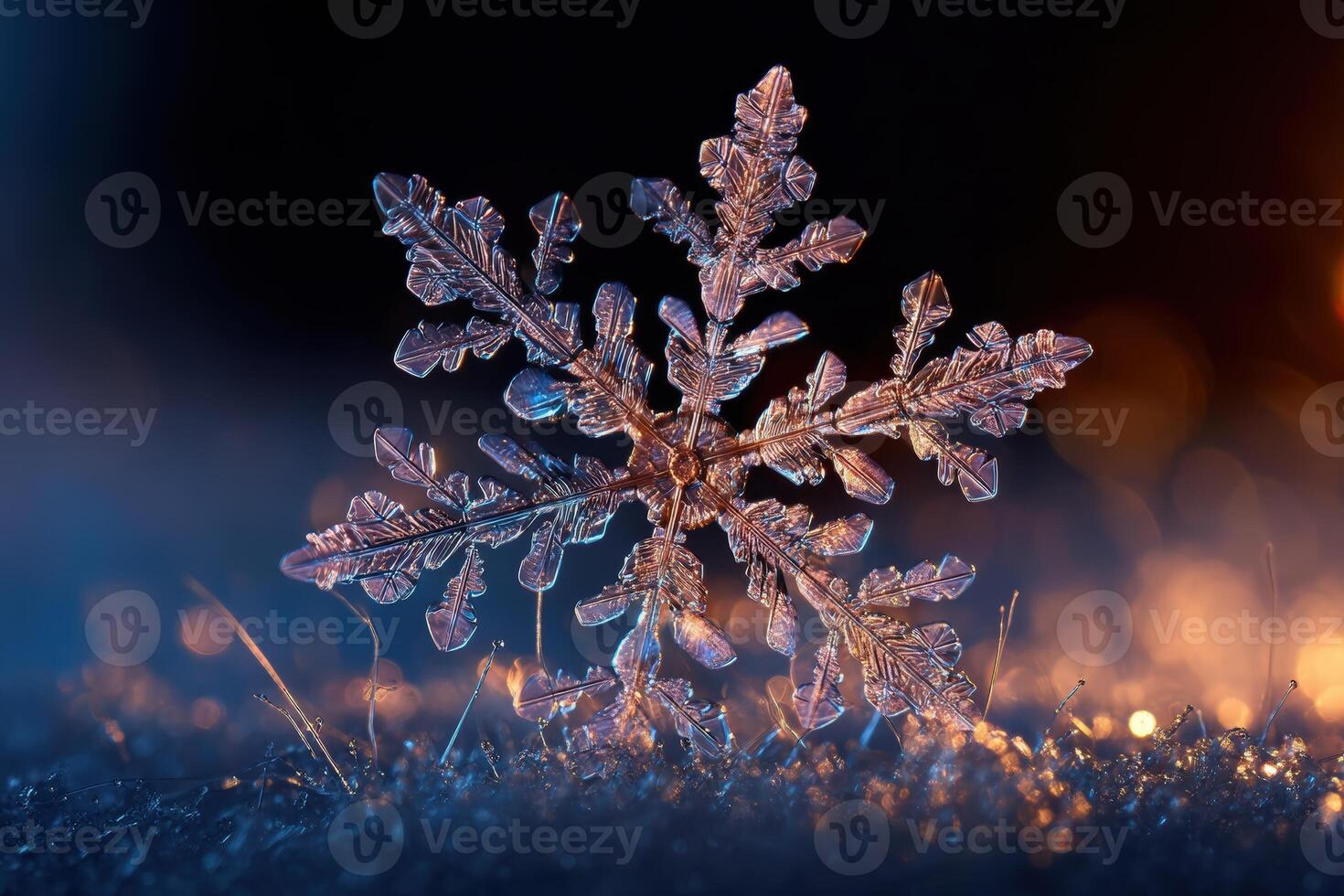 Delicate ice crystal snowflake on a sparkling surface with intricate patterns and details, illuminated by warm glowing light, highlighting its texture and fragile beauty photo