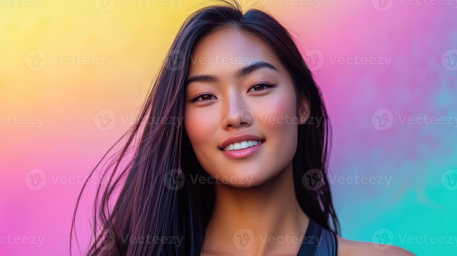 Young woman with long hair smiling softly, wearing a black tank top against a vibrant colorful background. The gradient transitions from pink to yellow, adding a dynamic feel photo