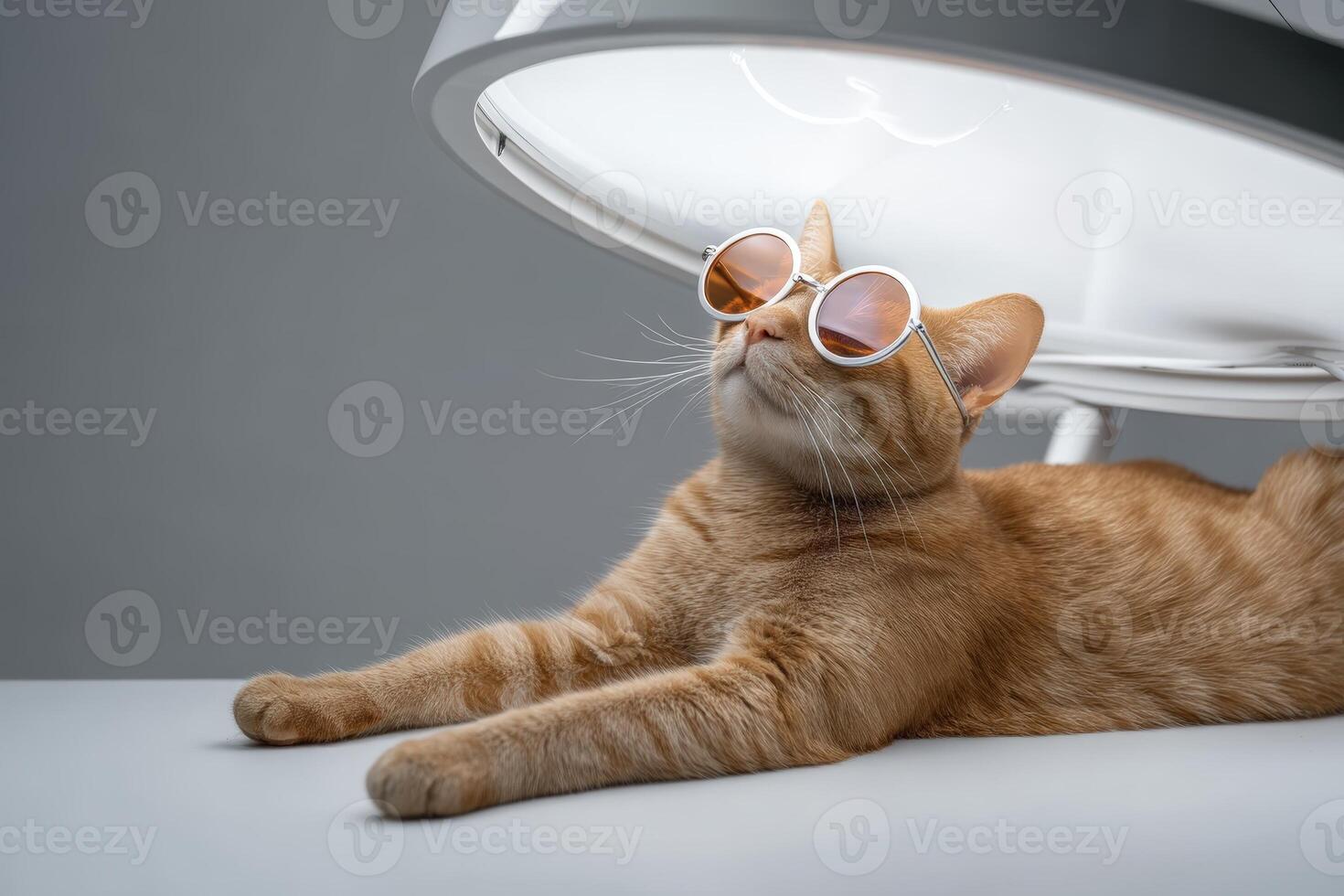 Orange cat lounges wearing round sunglasses under bright light fixture on a minimalist gray surface, creating a stylish and humorous scene. Cat's expression is relaxed, enjoying light photo