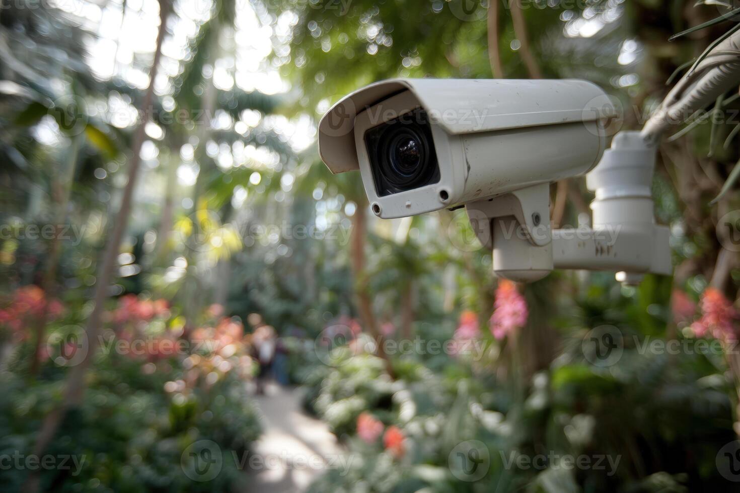 Surveillance camera focuses on a lush, tropical garden scene with vibrant greenery and colorful flowers in soft background, creating a contrast between technology and nature photo