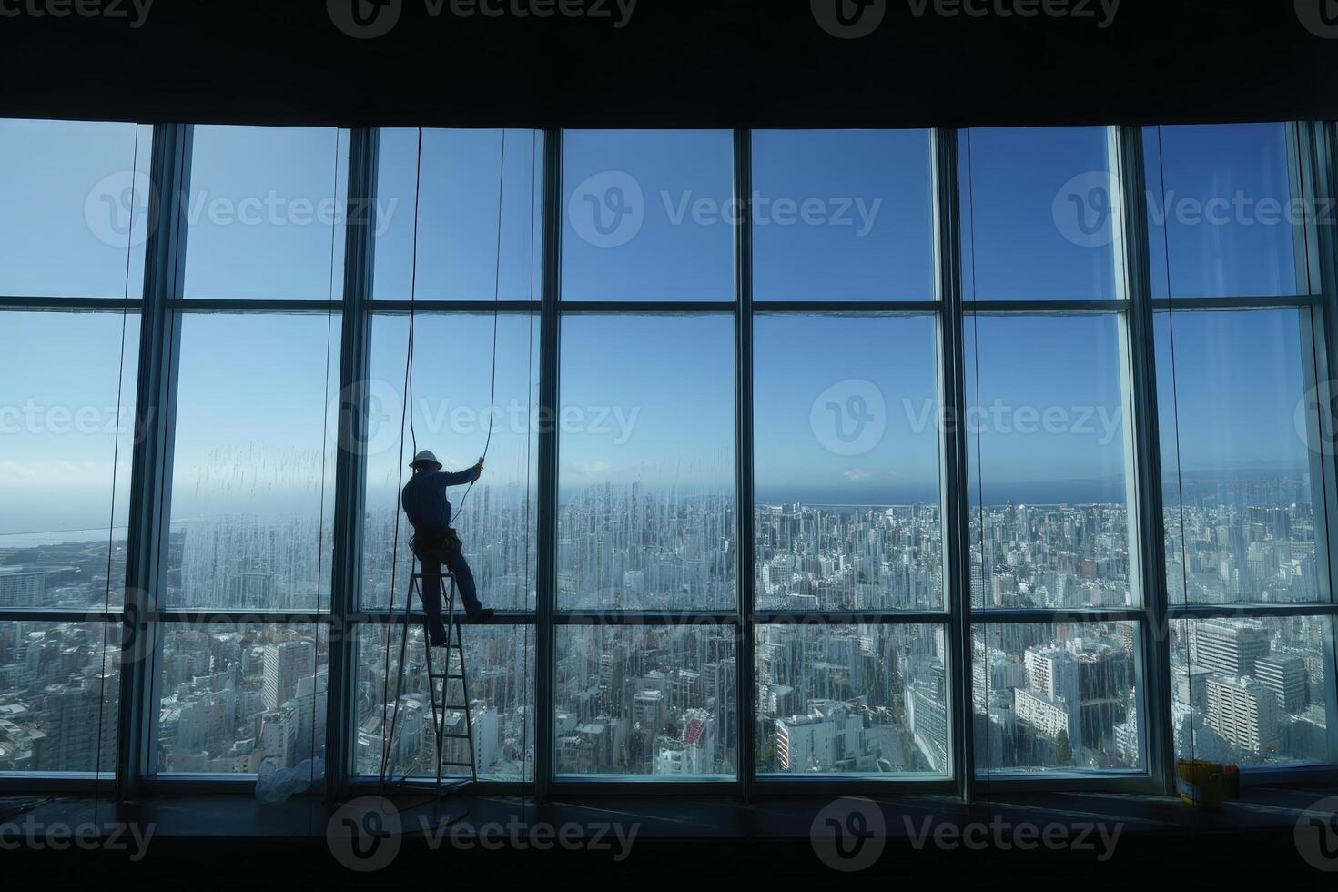 Silhouette of a window cleaner on a ladder, working on a large glass pane in a high-rise building, with a sprawling cityscape visible below through the clear blue sky photo