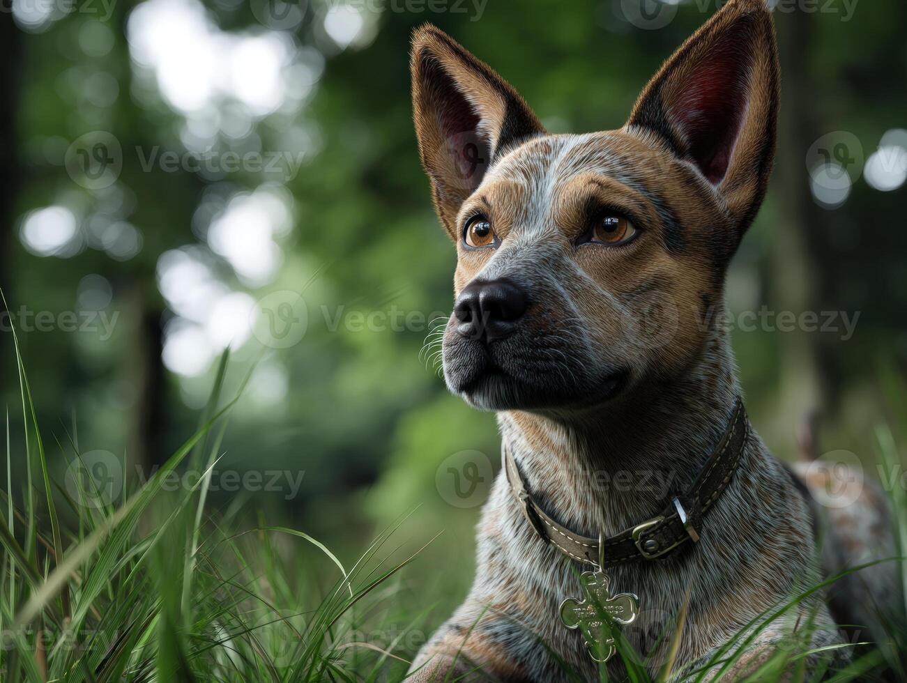 Dog with pointed ears and brown fur, wearing a collar with a tag, lies in tall grass. The background is blurred with green foliage and dappled light creating a serene atmosphere photo